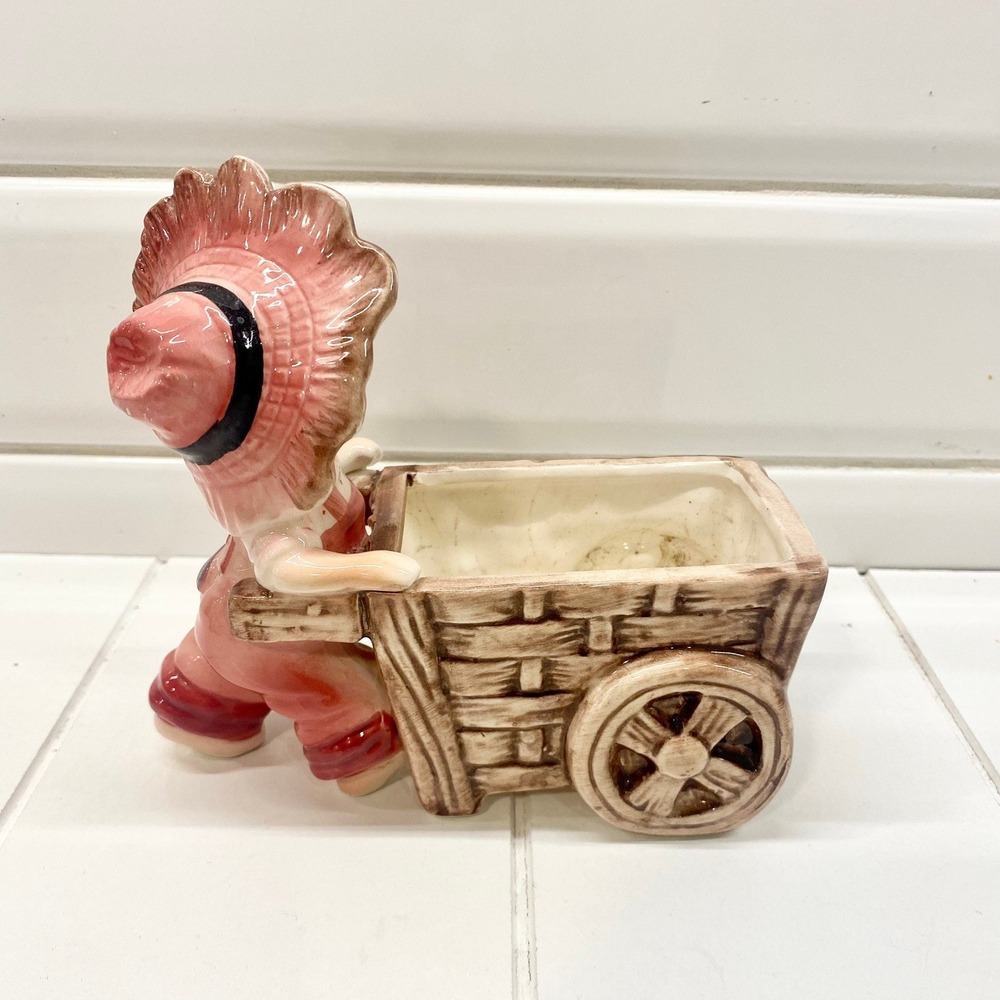 Vintage Ceramic Girl Pushing Wheelbarrow Planter Pink Sun Hat Kitsch Decor - Picture 3 of 10